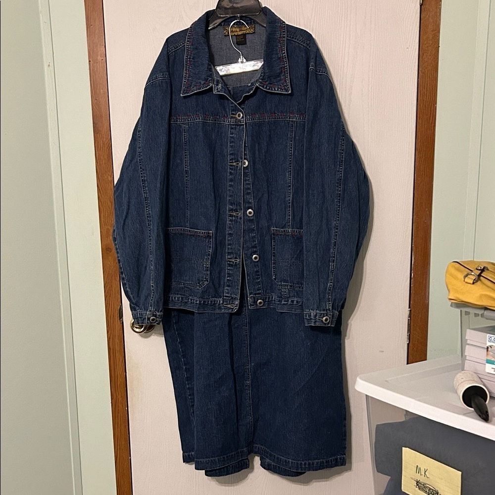 Ashley Stewart Dark Blue Denim Jacket and Skirt Set Size 20 PTP 25” Waist 36”